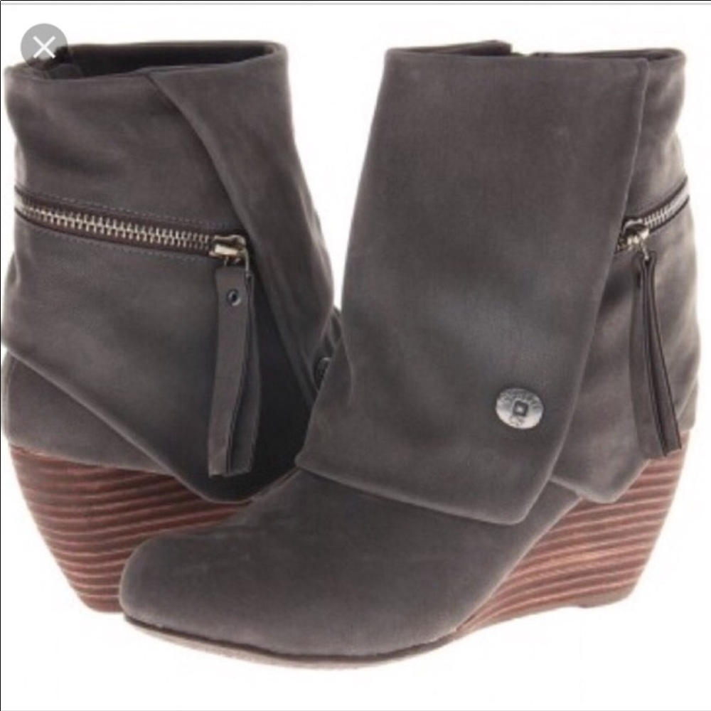 Gray suede blowfish booties wedge